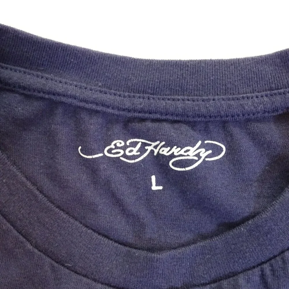 Ed Hardy Graphic Cropped T-shirt Blue Women Size L Y2K Indie Tattoo Art Grunge - Picture 6 of 11